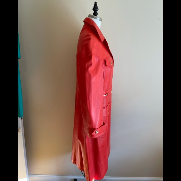 Leda Spain by Gropper Tangerine Leather Trench Coat with Gold Tone Accents - Picture 3 of 16